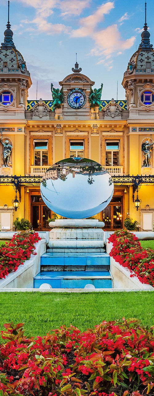 Elegant casino building with garden view
