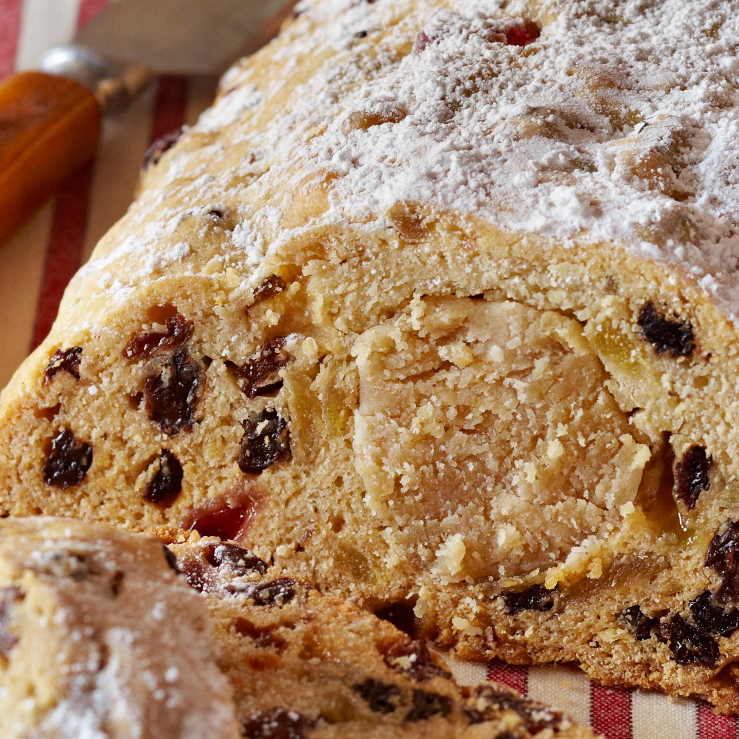 Traditional fruit loaf with powdered sugar topping
