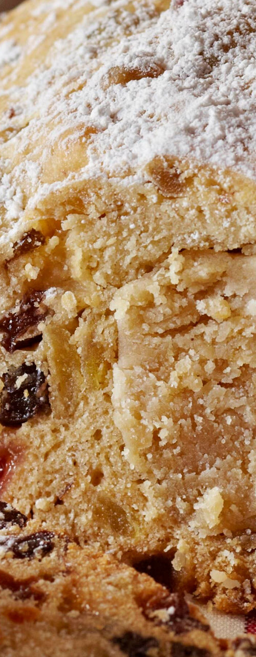 Traditional fruit loaf with powdered sugar topping