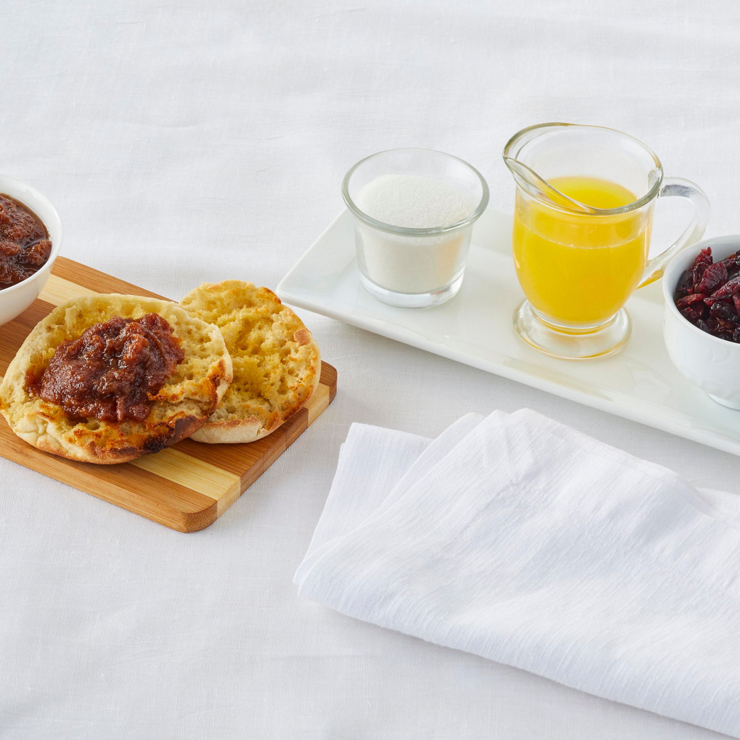 Breakfast spread with jam and juice