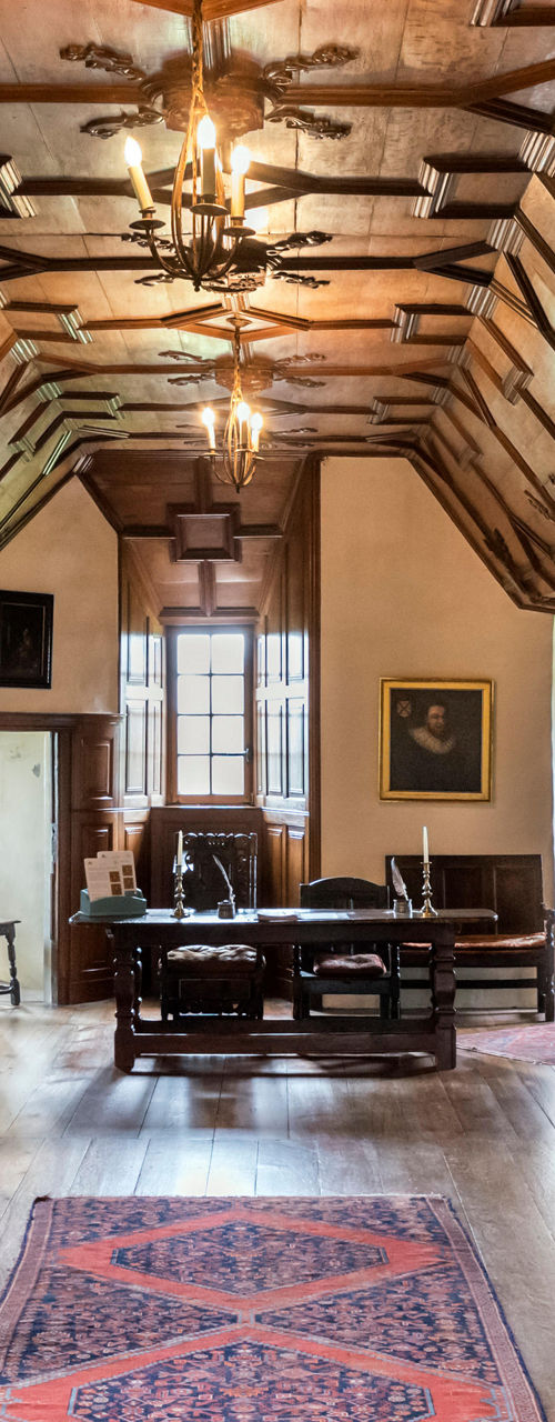 Elegant wooden ceiling in historic interior