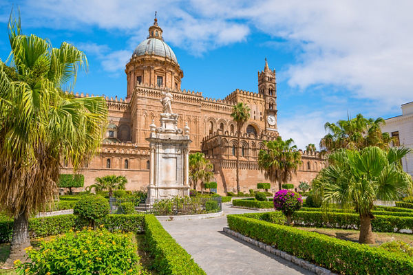 Palermo Cathedral with lush garden view