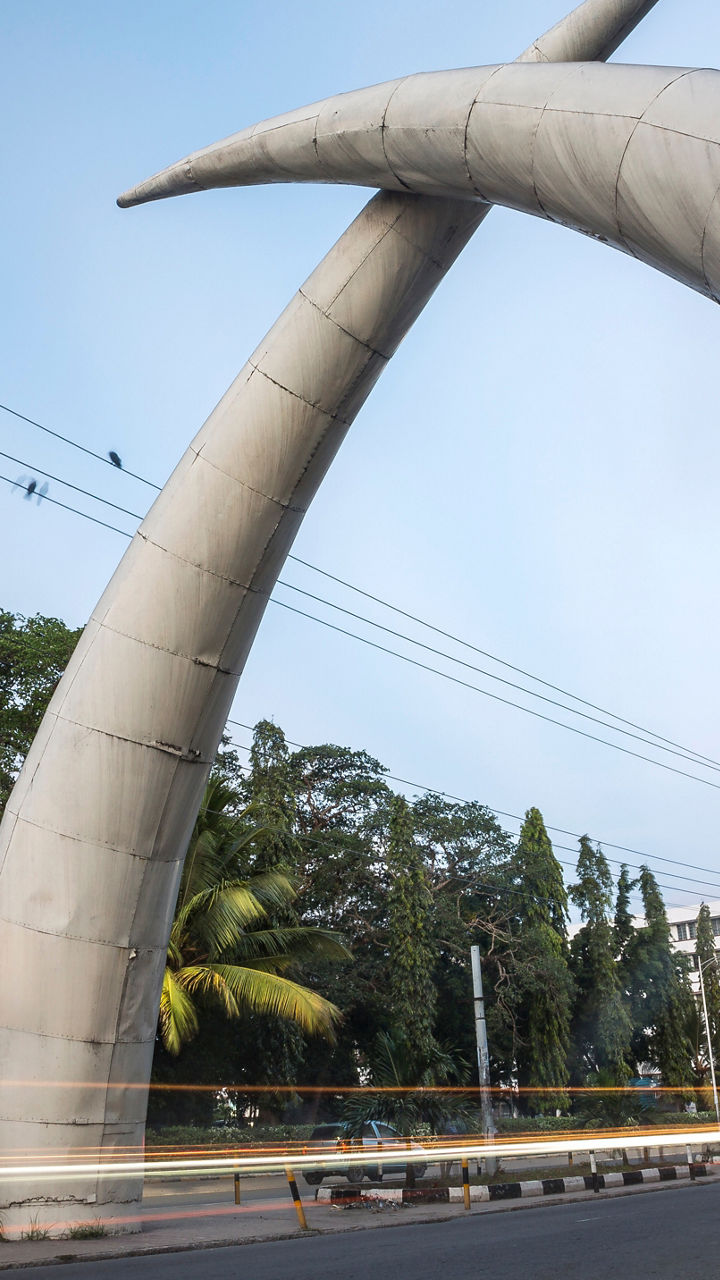 Iconic Elephant Tusks Monument on City Street