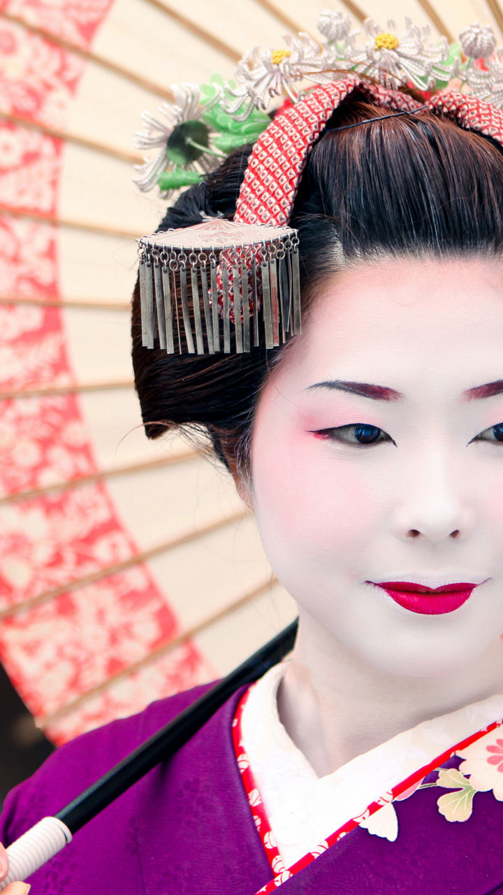 Traditional kimono attire with floral umbrella outdoors