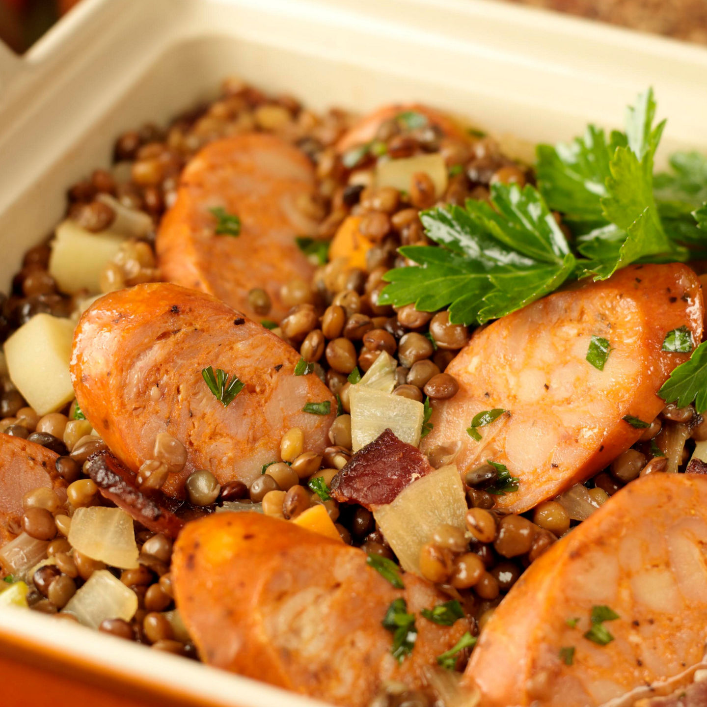 Baked Lentil Dish with Sausage and Vegetables