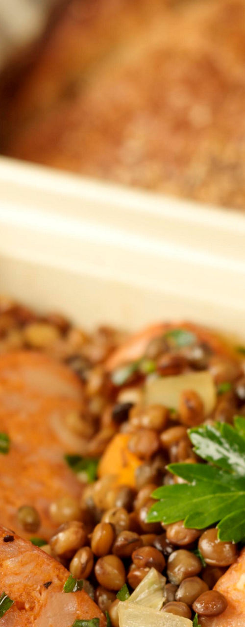 Baked Lentil Dish with Sausage and Vegetables