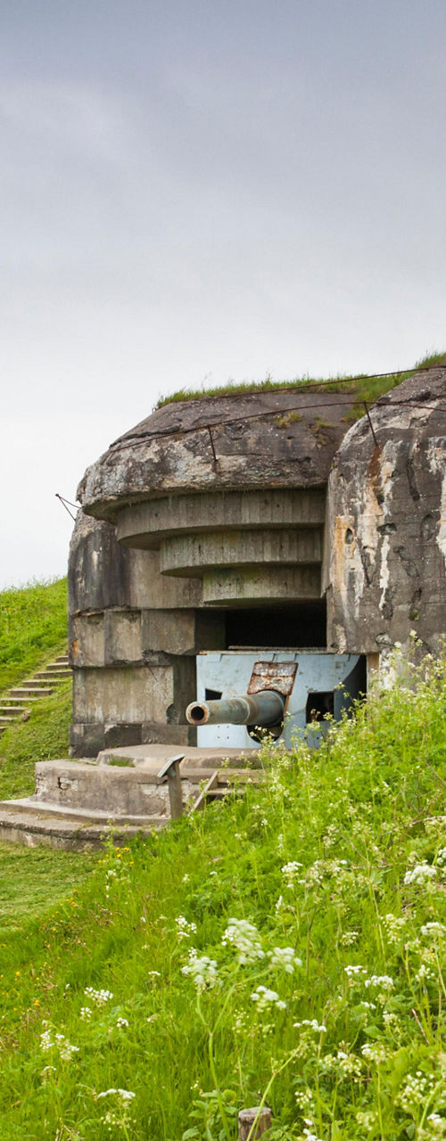 Historic bunker on grassy hillside near coast