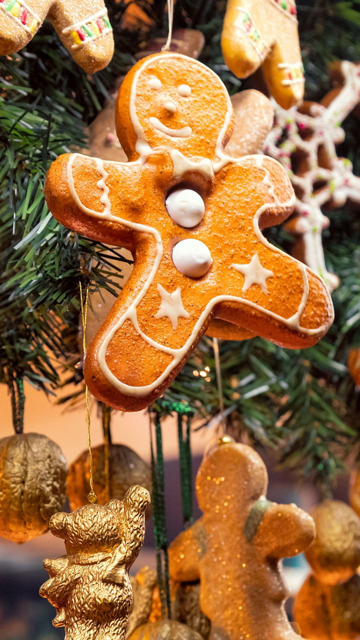 Festive gingerbread ornaments on holiday display