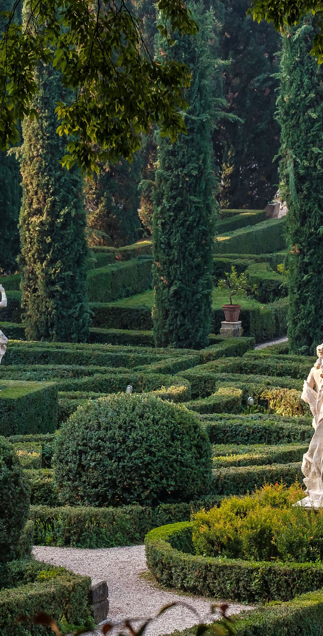 Elegant garden with statues and hedges
