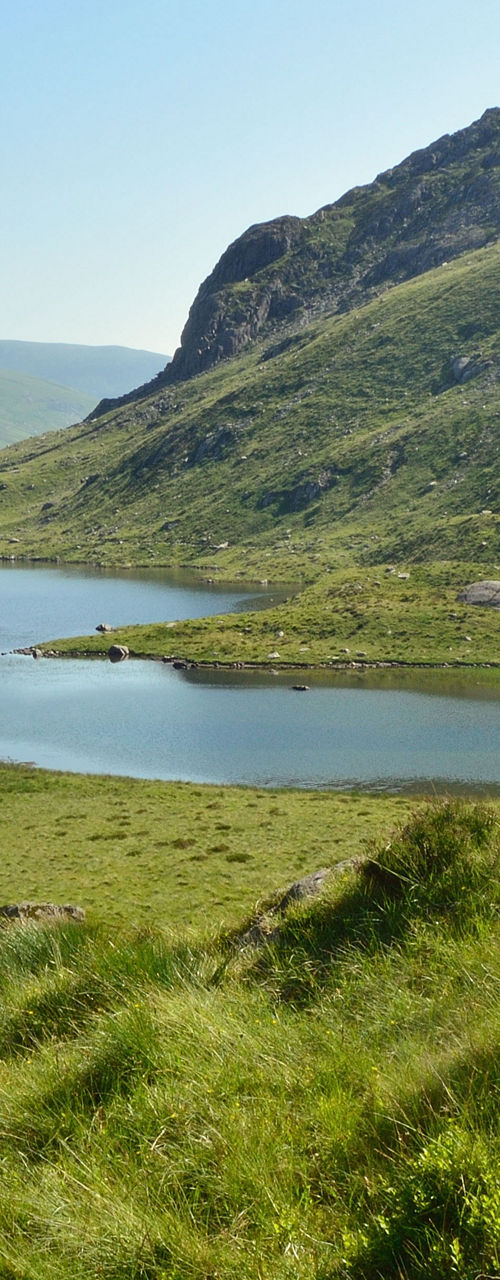 Serene mountain lake in green valley