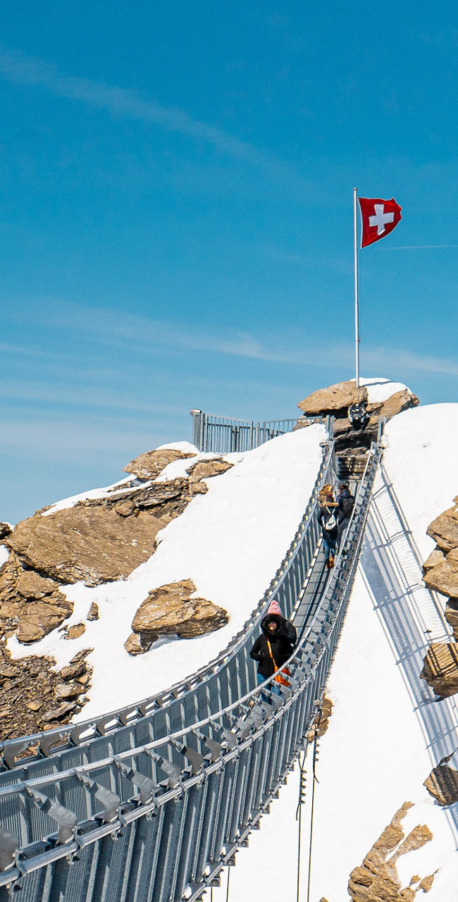 Suspension bridge on snowy mountain peak