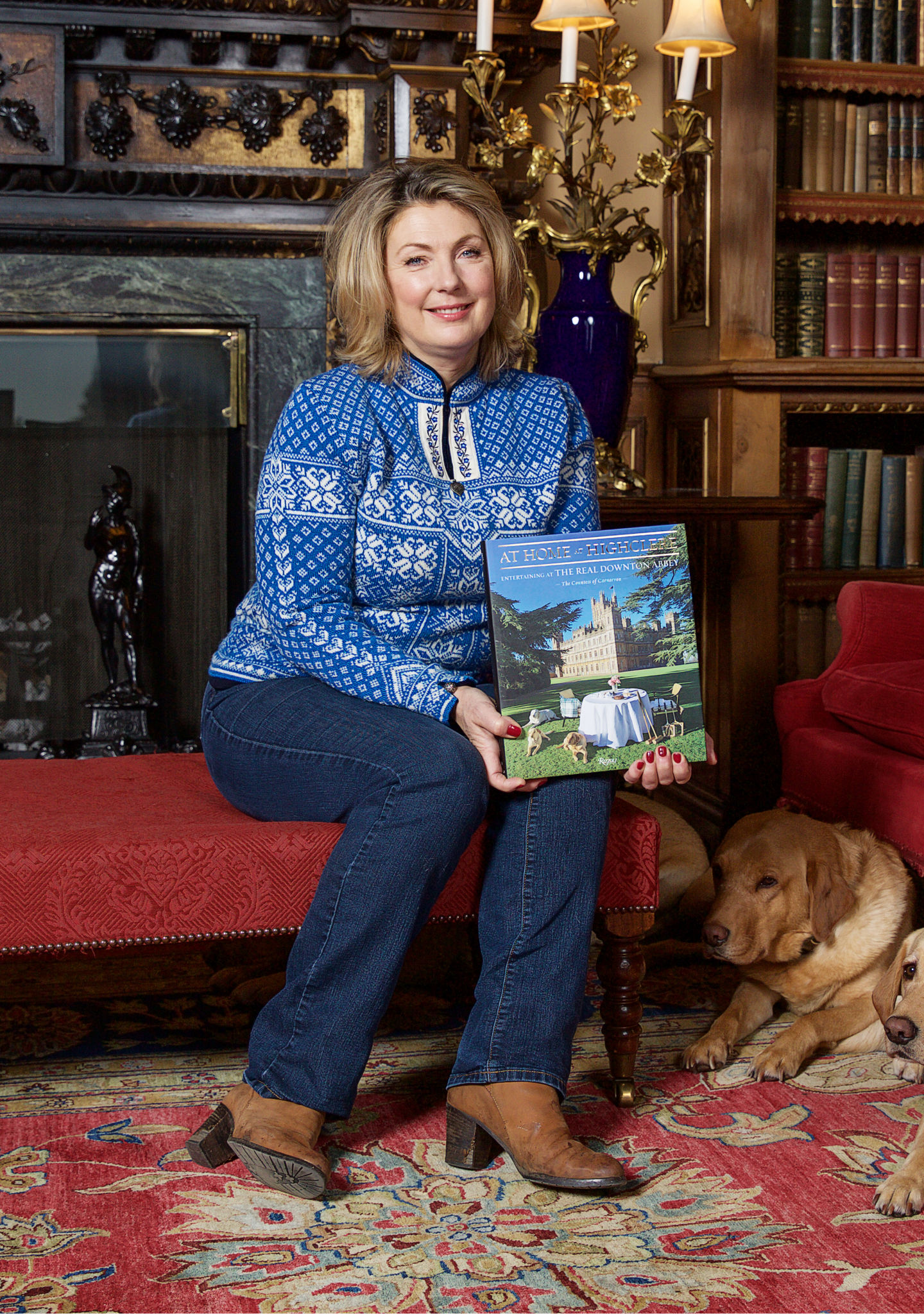 Cozy library setting with dogs and book