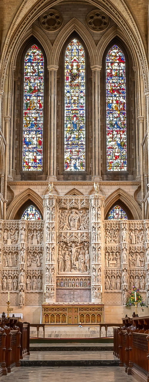 Majestic cathedral interior with stained glass windows