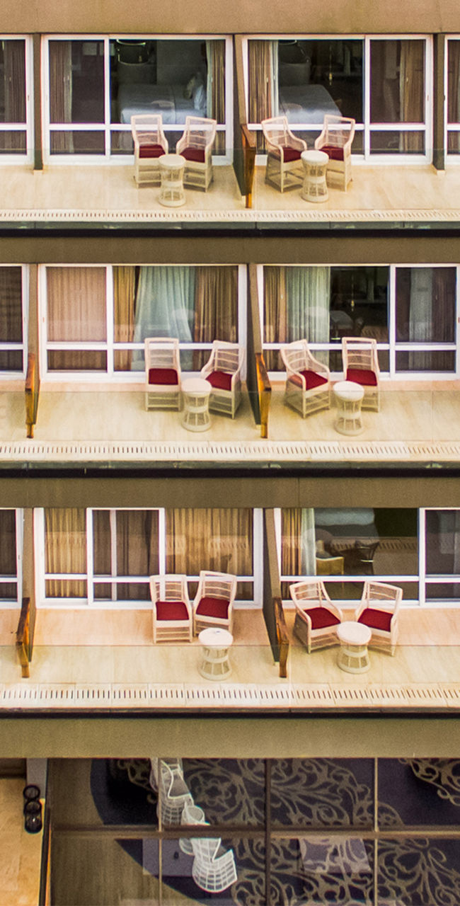 Modern hotel with rooftop dining area