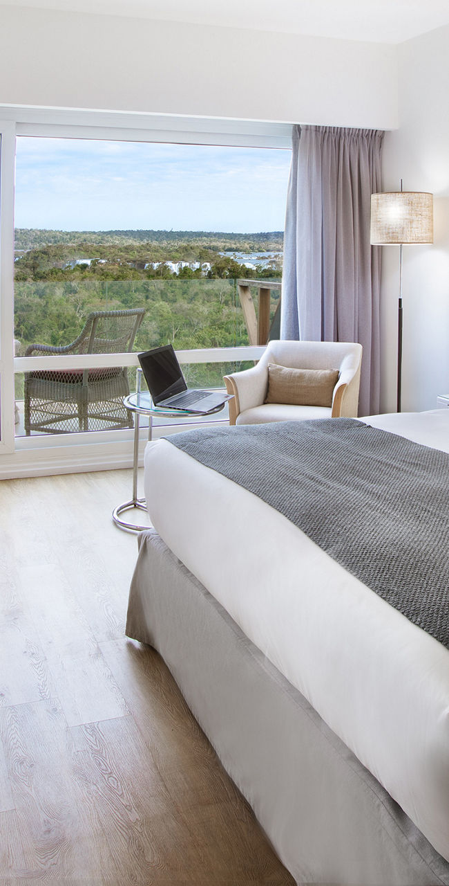 Modern hotel room with scenic view
