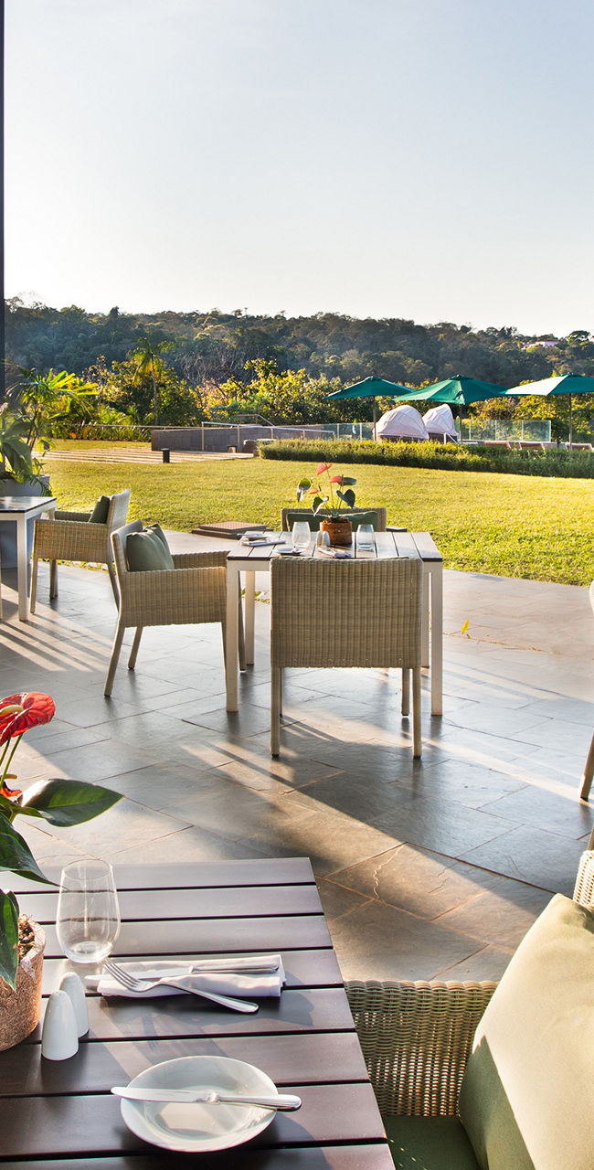 Outdoor dining area with scenic view