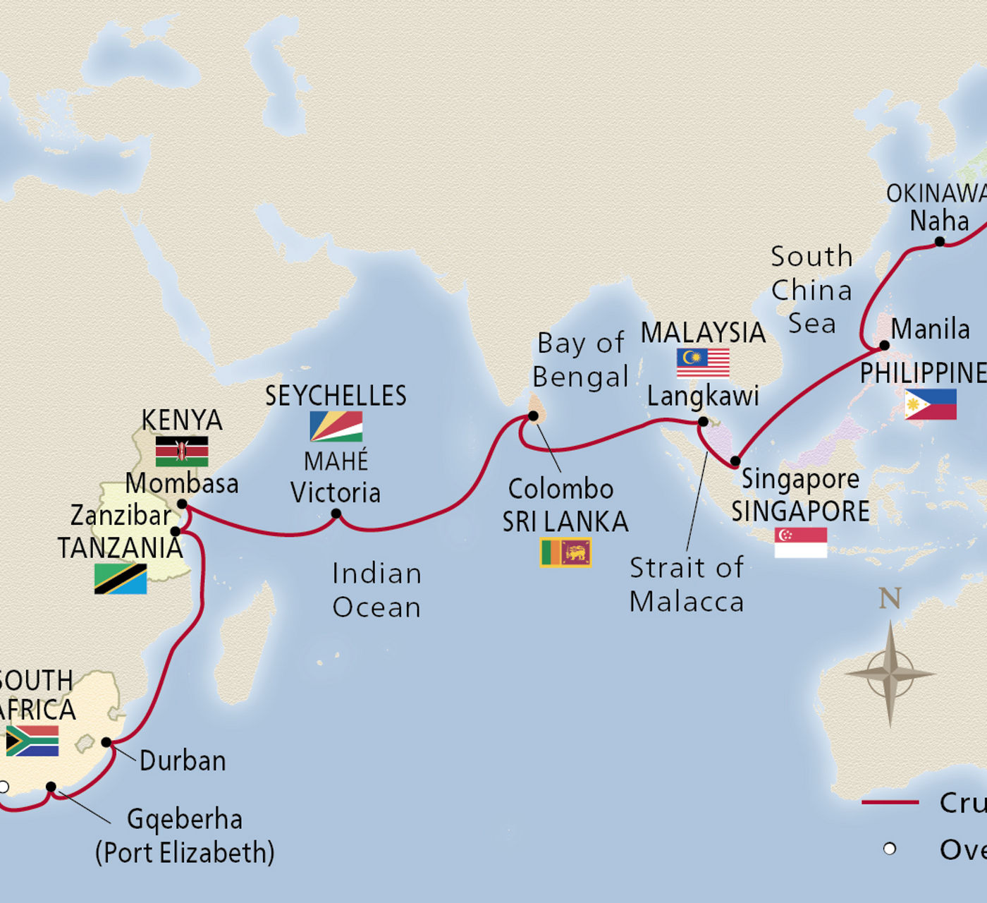Map of Grand Africa to Asia Explorer itinerary