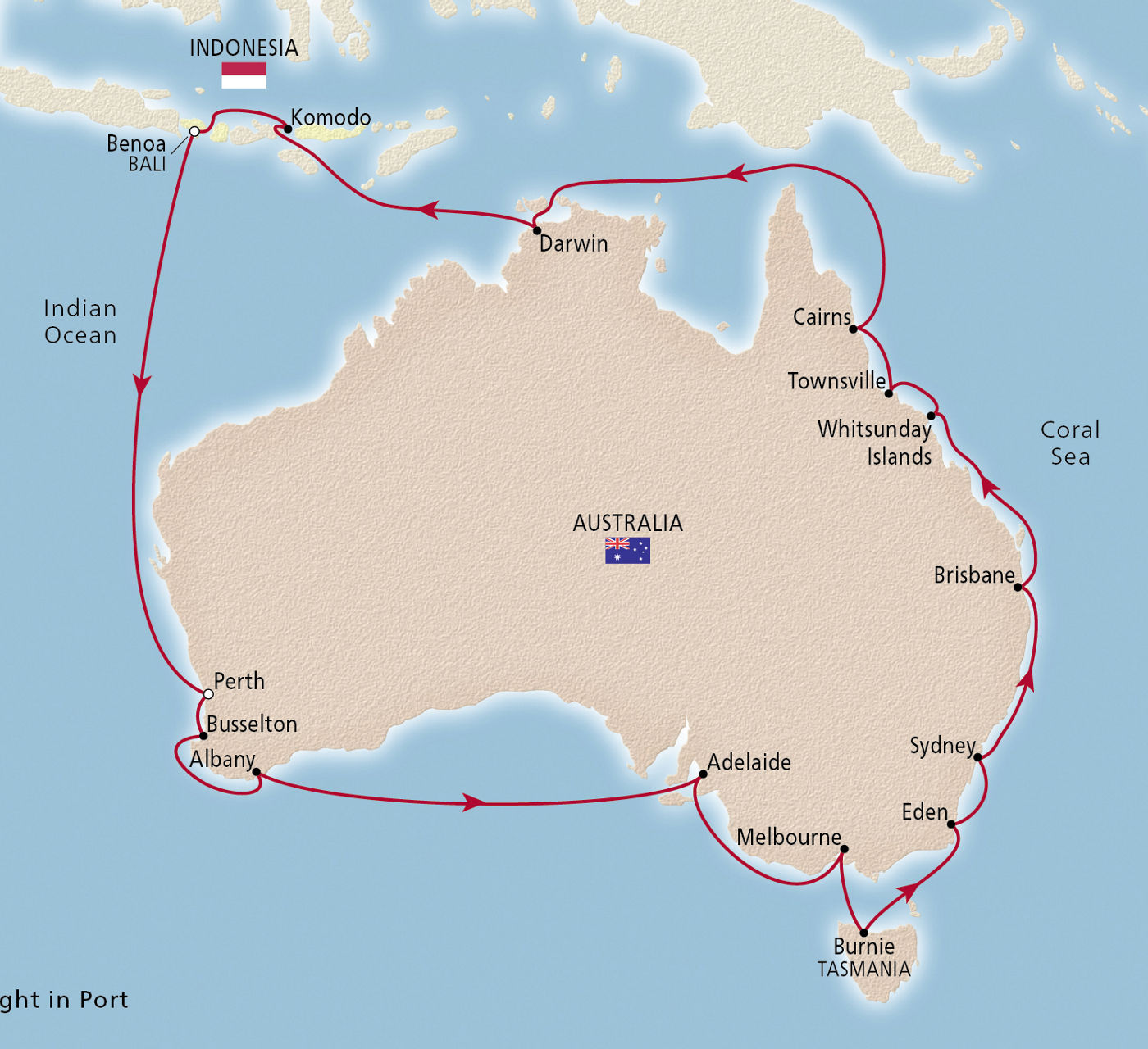 Map of Grand Australia Circumnavigation itinerary