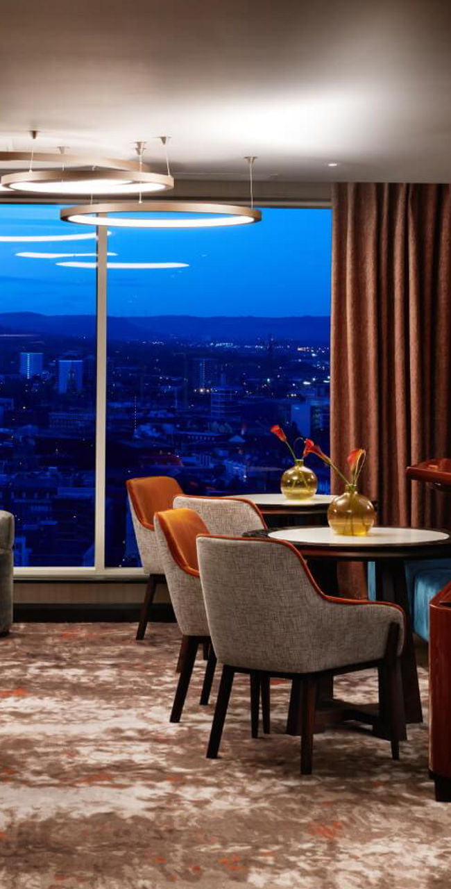 Modern Lounge Interior with Grand Piano and City View