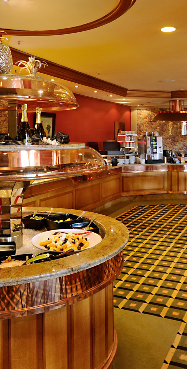 Elegant restaurant buffet with warm lighting