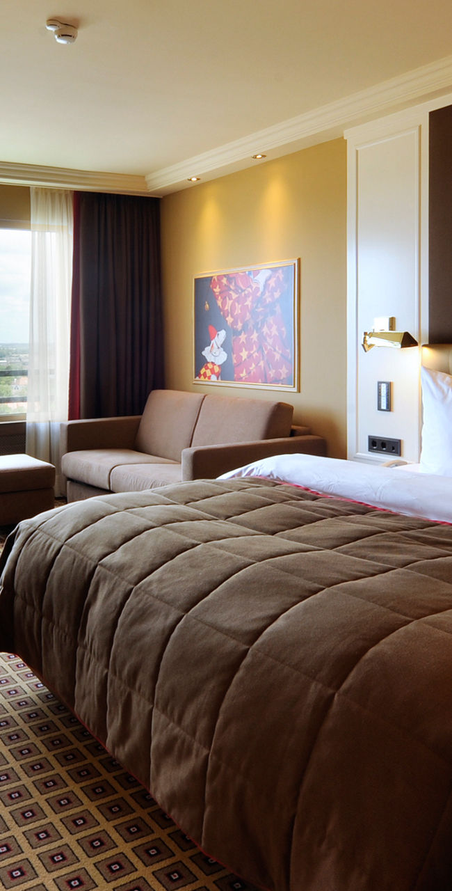 Modern hotel room with large bed