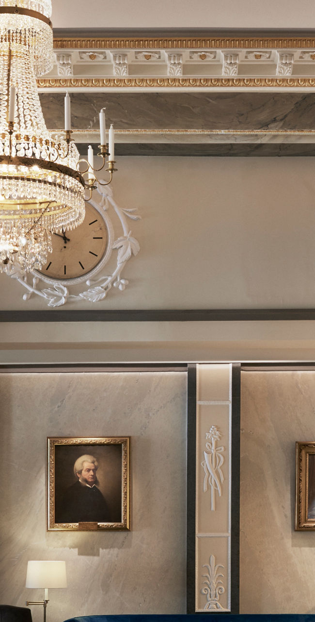 Elegant hotel lobby with chandelier lighting