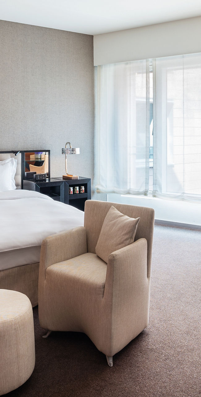 Modern hotel room with natural lighting