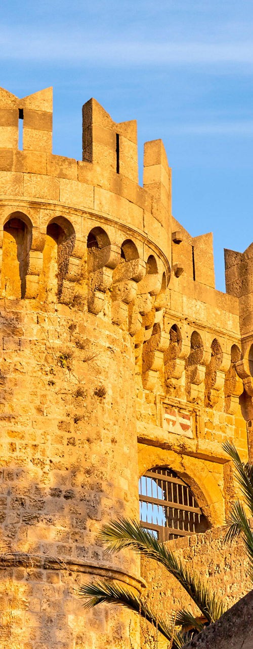 Historic stone castle under golden sunlight