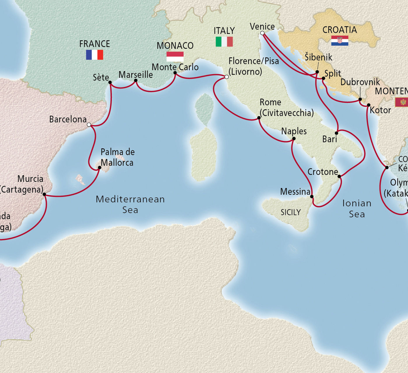 Map of Grand Mediterranean Explorer itinerary