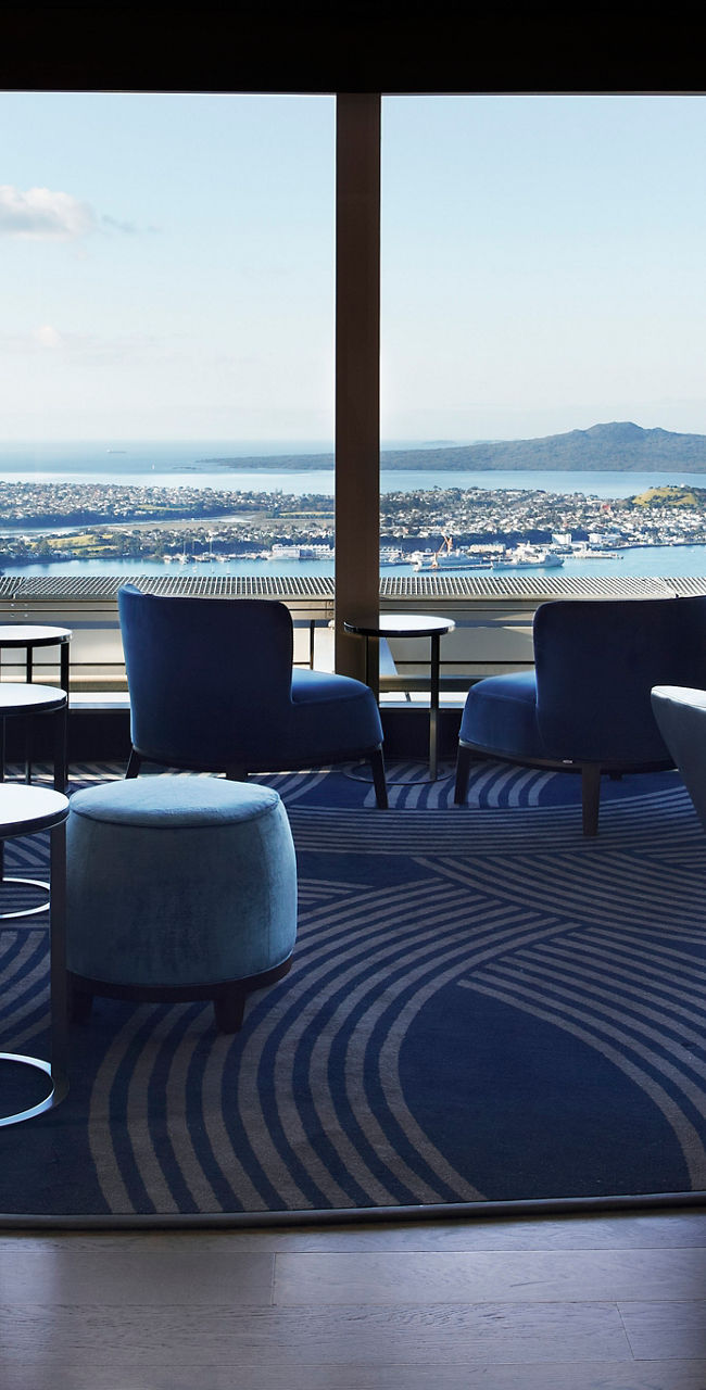 Modern lounge with panoramic ocean views