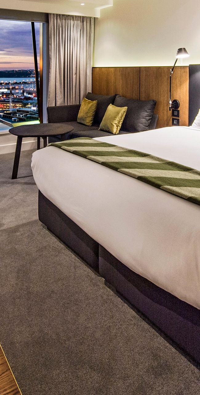 Modern hotel room with city view