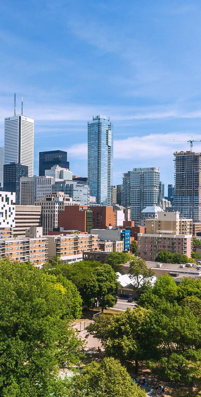 Toronto skyline with CN Tower and park view