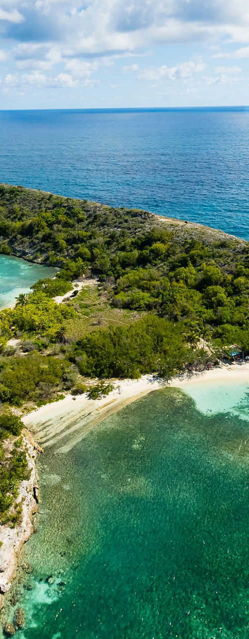 Aerial view of tropical island coastline