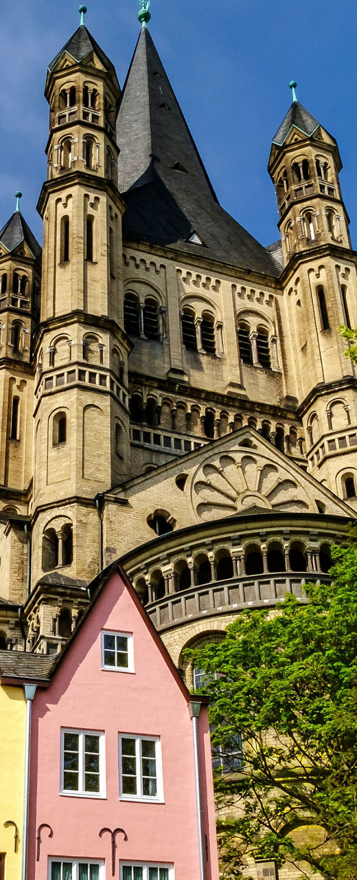 Colorful houses and historic cathedral view