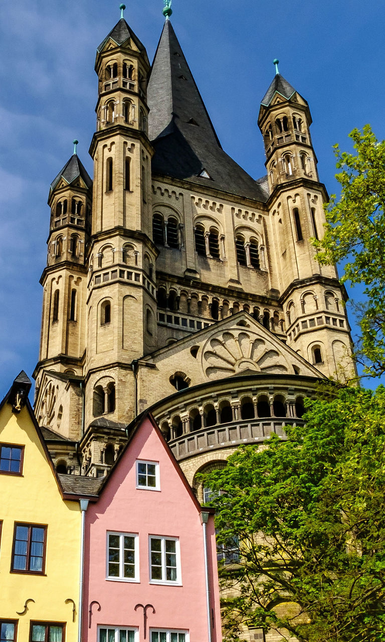 Colorful houses and historic cathedral view