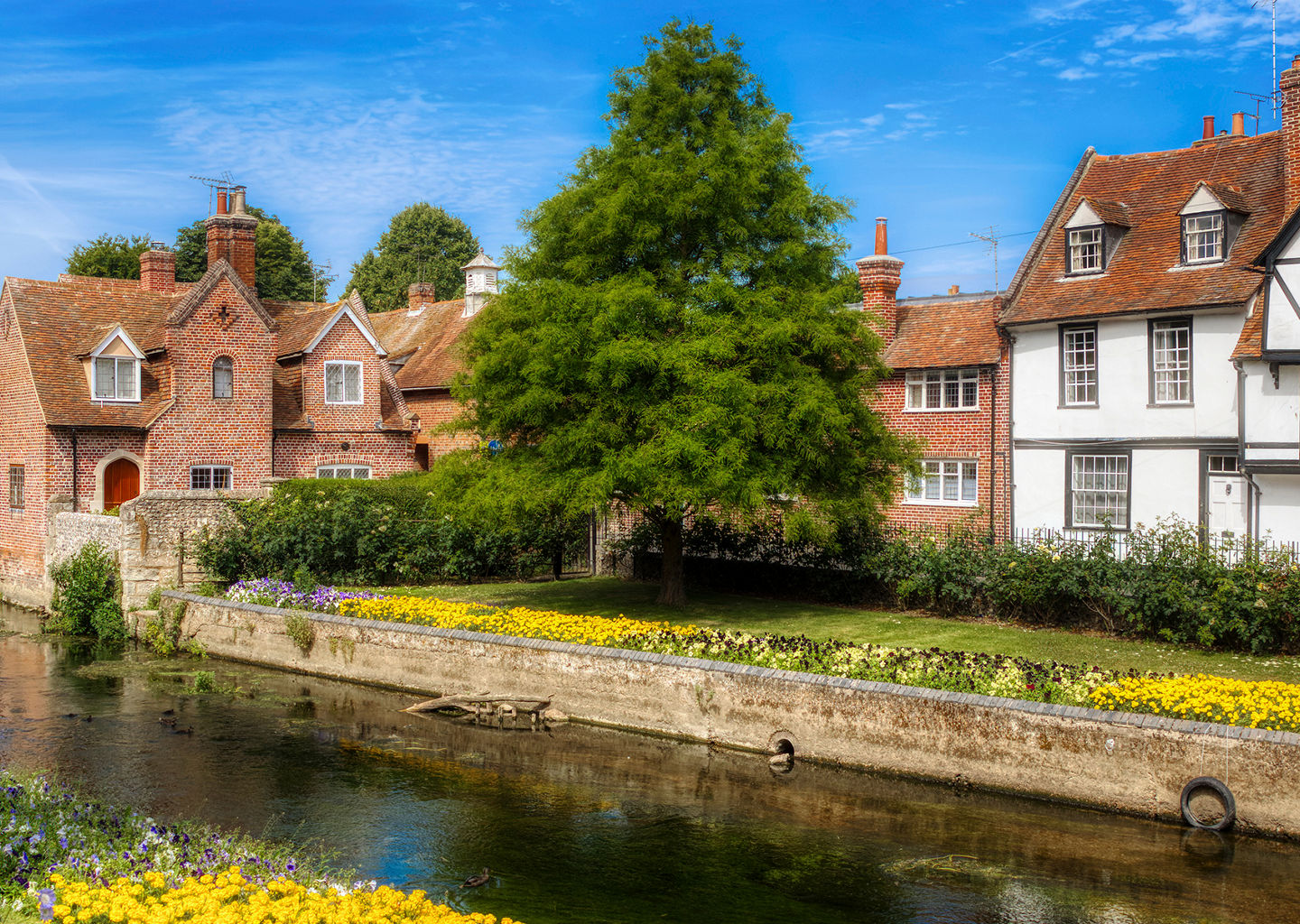Scenic riverside village with vibrant flowers