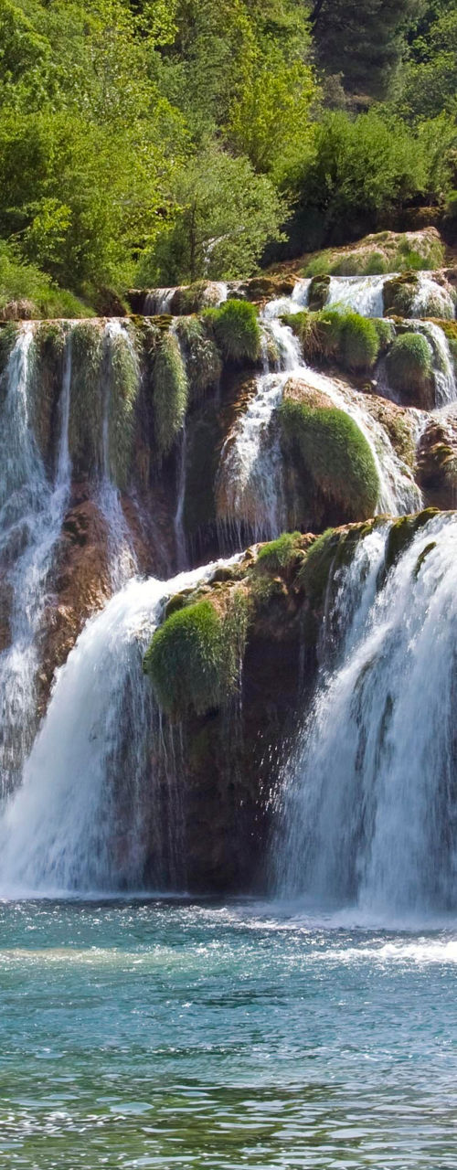 Scenic cascading waterfalls in lush forest