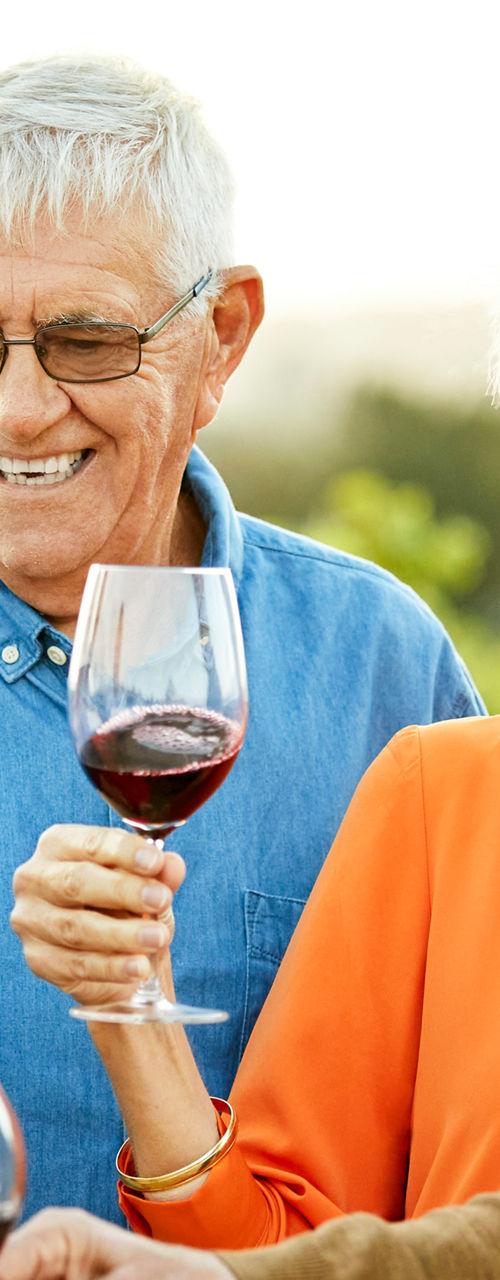 Group toasting with red wine outdoors