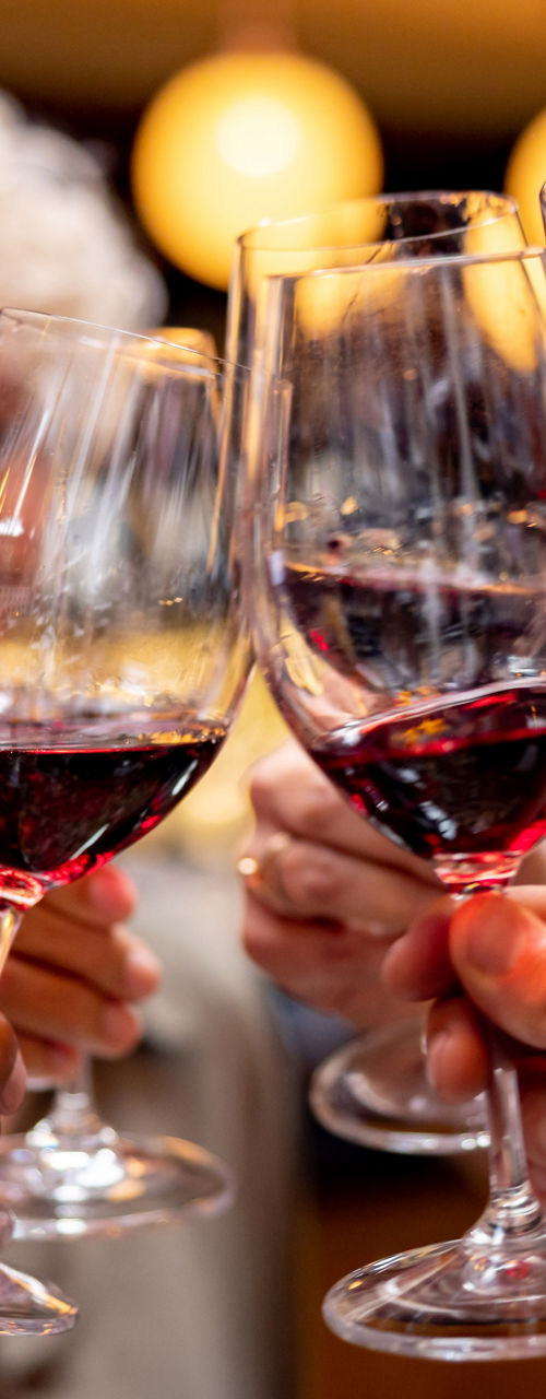 Group toasting with red wine glasses