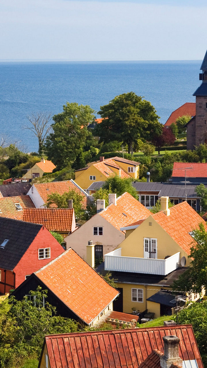 Scenic coastal village with church view