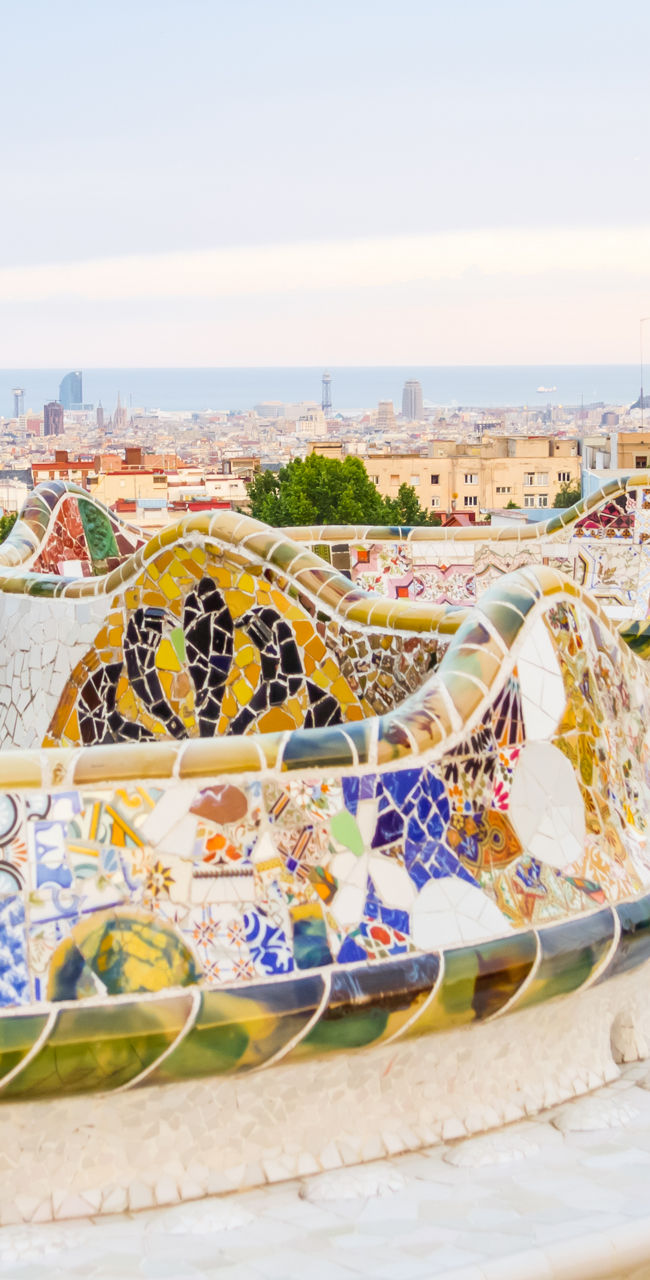 Colorful mosaic benches in Park Güell