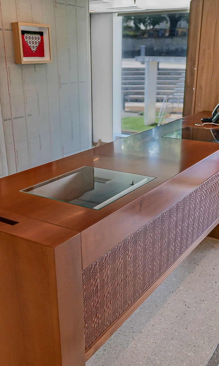 Modern reception desk with floral decor