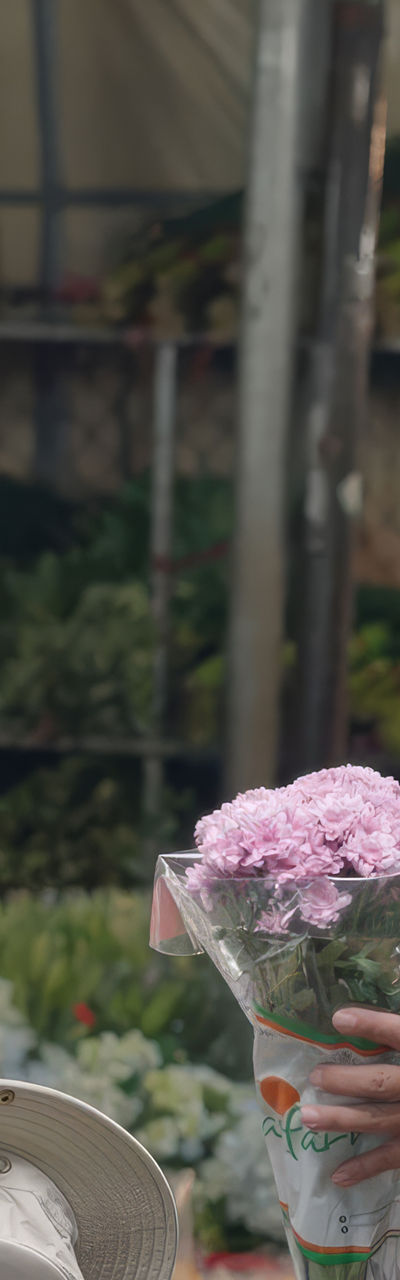 Flower market interaction with basket and bouquet