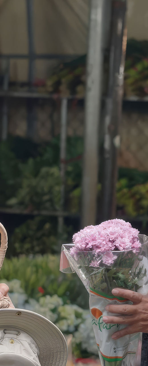 Flower market interaction with basket and bouquet