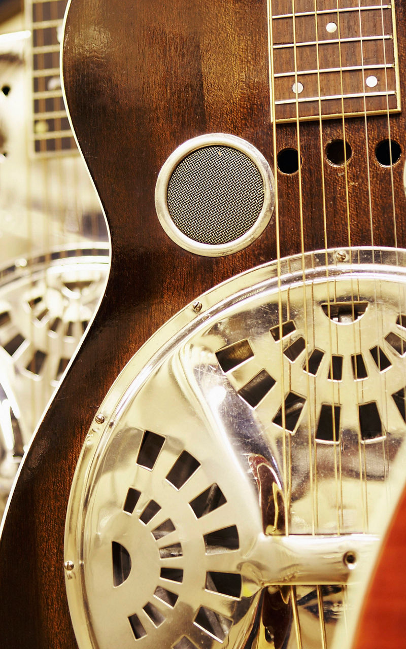 Close-up of resonator guitars in store