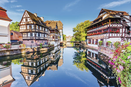 Historic timber-framed houses by canal
