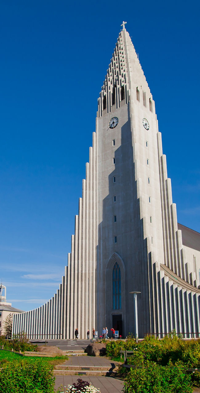 Hallgrímskirkja church with vibrant garden view