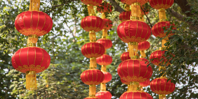 Red Chinese lanterns hanging outdoors