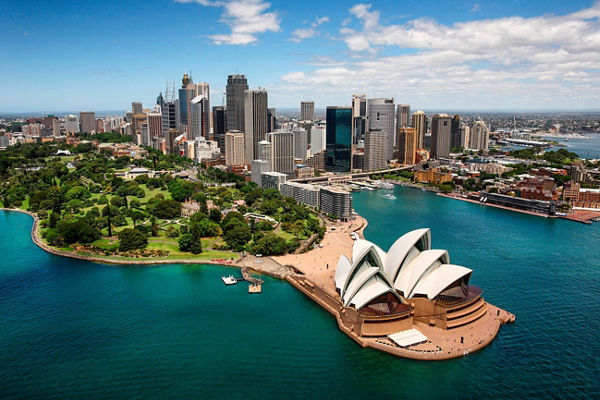 Aerial view of Sydney Opera House and skyline
