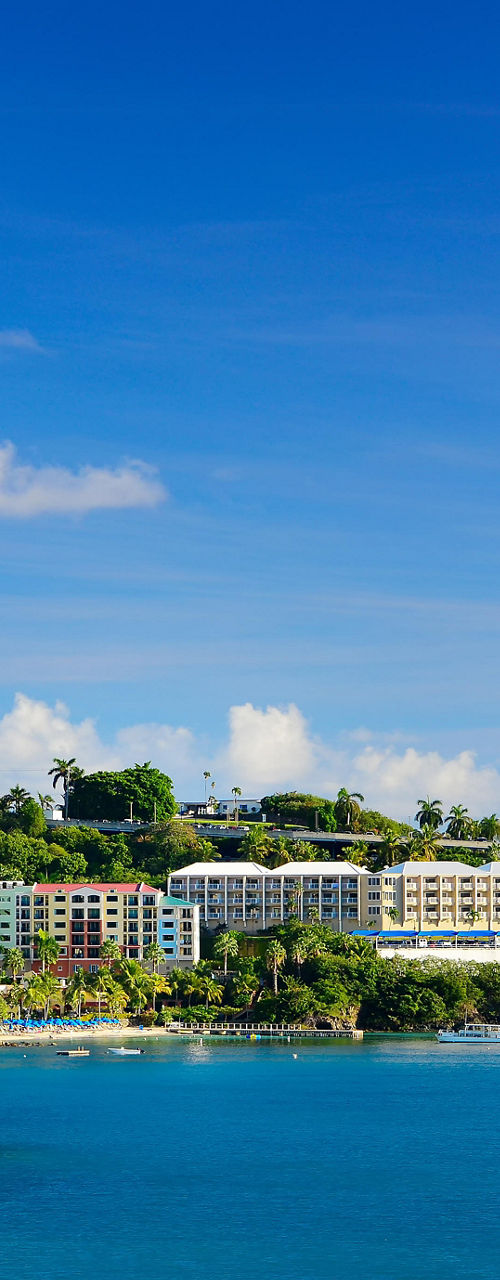 Coastal resort with ocean view and blue sky